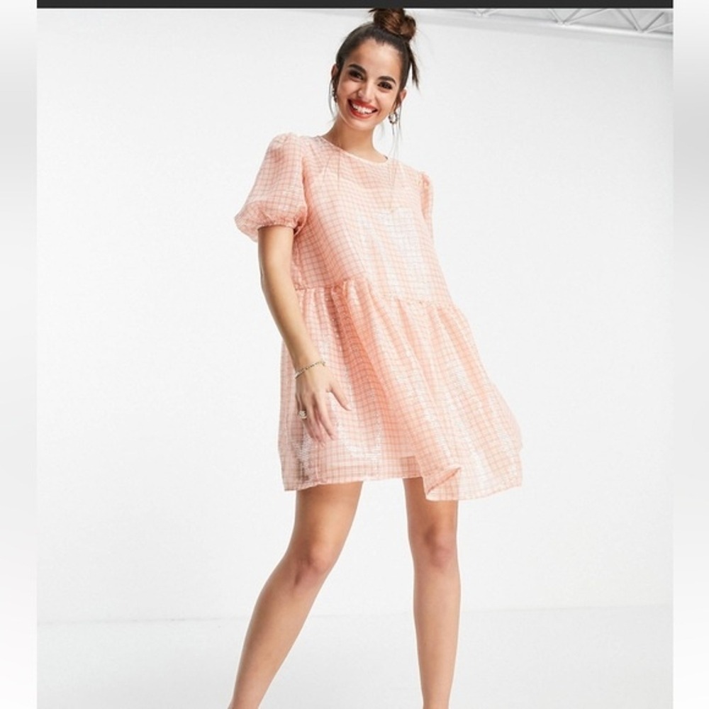 Collective The Label Peach Gingham Sequin Puff Sleeve Babydoll Mini Dress US 12 - Picture 3 of 8